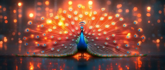 A peacock with its feathers spread out in a fan shape in front of a glowing, warm background.