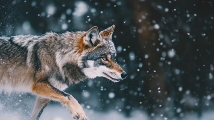 Wall Mural - A wolf strides through a snowy landscape, showcasing its natural beauty and grace.