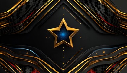 Wall Mural - Golden Star Against Black Wavy Abstract Background