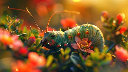 Wall Mural - A Vivid Caterpillar Amongst Blossoms