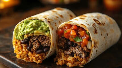 Wall Mural - A burrito cut in half to reveal layers of seasoned beef, Mexican rice, black beans, salsa, and fresh guacamole inside. The warm colors of the ingredients are highlighted under soft lighting,