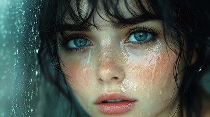 A woman with wet face and blue eyes looks directly at the camera with water dripping from her face.