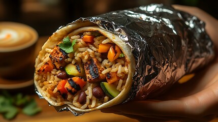 Wall Mural - A close-up of a hand holding a burrito wrapped in shiny foil, packed with vibrant ingredients like rice, beans, and grilled vegetables, ready to take a bite.