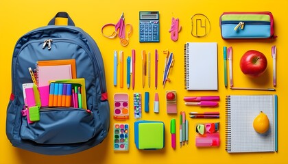 Wall Mural - Vibrant Display of Backpack and School Supplies against Bright Yellow Background