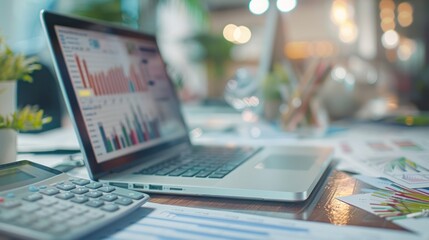 Poster - Laptop with charts on a desk