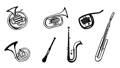 Set of french horn brass, trumpet, tuba musical instruments vector illustration isolated. Double horn, contrabass, pipe, clarinet silhouette ink hand drawn. Element for design postcard, brochure