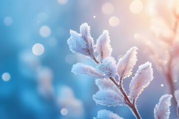 Wall Mural - Frost-covered plants in winter forest. Macro image, shallow depth of field. Abstract winter nature background