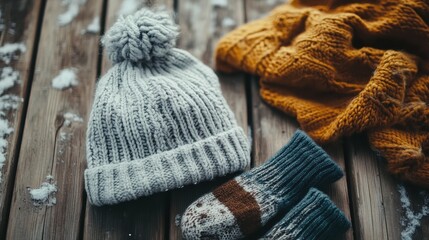 cozy winter accessories on rustic wood background
