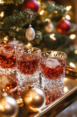 A Bar Cart with Christmas Decorations in the Background for a Stylish and Festive Holiday Party Setup