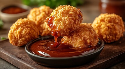 Wall Mural - A delicious chicken nugget being dipped into a tangy barbecue sauce, the golden, crispy texture of the nugget standing out under warm lighting. The background is softly blurred,