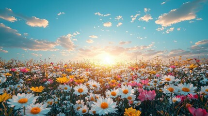 Poster - Sunset Over a Field of Wildflowers