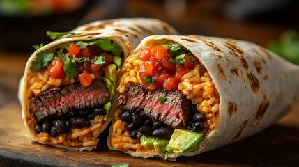 Wall Mural - A delicious stuffed burrito cut in half, showing layers of seasoned rice, black beans, grilled steak, salsa, and creamy avocado, wrapped in a soft tortilla.