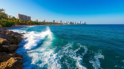 Ocean waves crashing on rocky shoreline with white foam, turquoise water and blue sky, city skyline on the horizon.  The image evokes a sense of freedom, adventure, relaxation, nature, and urban life.