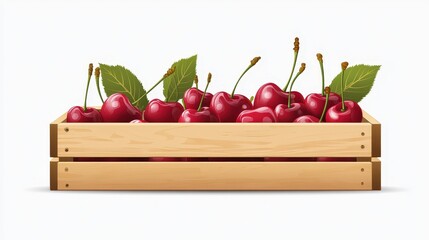 Wall Mural - Fresh Cherries in a Wooden Box - Minimal Vector Design on White Background