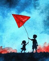 Watercolor Silhouette of Children Flying a Kite in a Blue Sky.