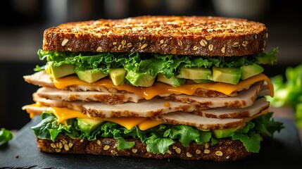 Wall Mural - A fresh deli sandwich featuring layers of turkey, avocado, lettuce, and cheddar cheese, with a drizzle of honey mustard, served on a crispy multigrain bread.