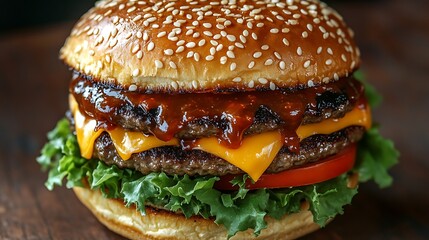 Wall Mural - A freshly grilled burger dripping with melted cheese and tangy sauce, fresh lettuce and tomato on a golden sesame seed bun. Photographed from an overhead angle,