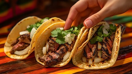 Wall Mural - A hand reaching for a street taco filled with grilled steak, onions, and cilantro, served from a colorful food truck. The urban food truck environment is blurred in the background,