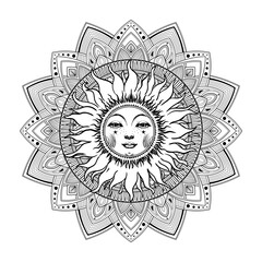 Wall Mural - coloring book mandala sun with face, linear drawing for adults, meditation and calm. vector illustra