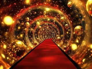 Wall Mural - Red Carpet Through Tunnel of Gold Spheres and Lights.