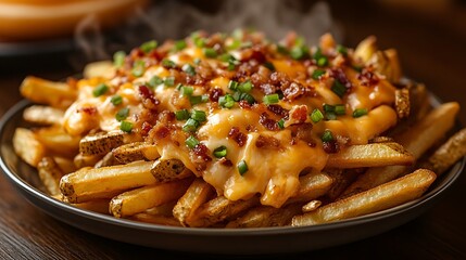 A plate of crispy fries loaded with melted cheese, bacon bits, and fresh green onions, with steam rising from the hot dish. The warm light highlights the rich toppings,