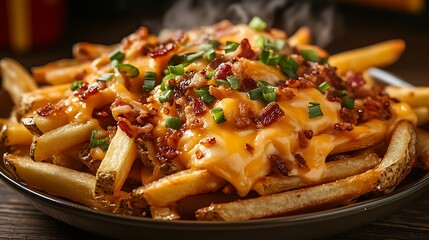 A plate of crispy fries loaded with melted cheese, bacon bits, and fresh green onions, with steam rising from the hot dish. The warm light highlights the rich toppings,