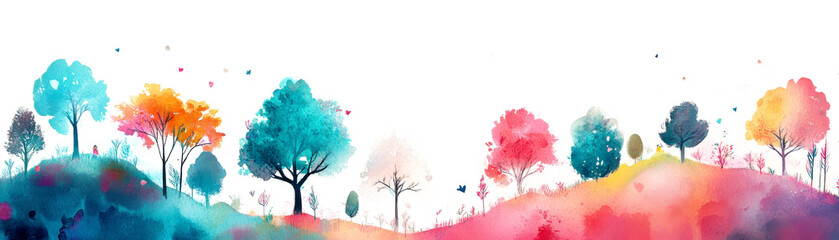 Vibrant watercolor landscape with colorful trees on rolling hills, creating a serene and artistic nature scene.