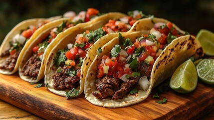 Wall Mural - A spread of street tacos on a wooden board, filled with juicy beef, cilantro, onions, and colorful salsa. The tacos are garnished with lime wedges,