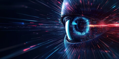 Poster - Digital technology background with a digital eye and light streaks on the right side