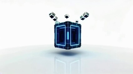 Poster - Futuristic blue glowing cube rotating in a digital space.