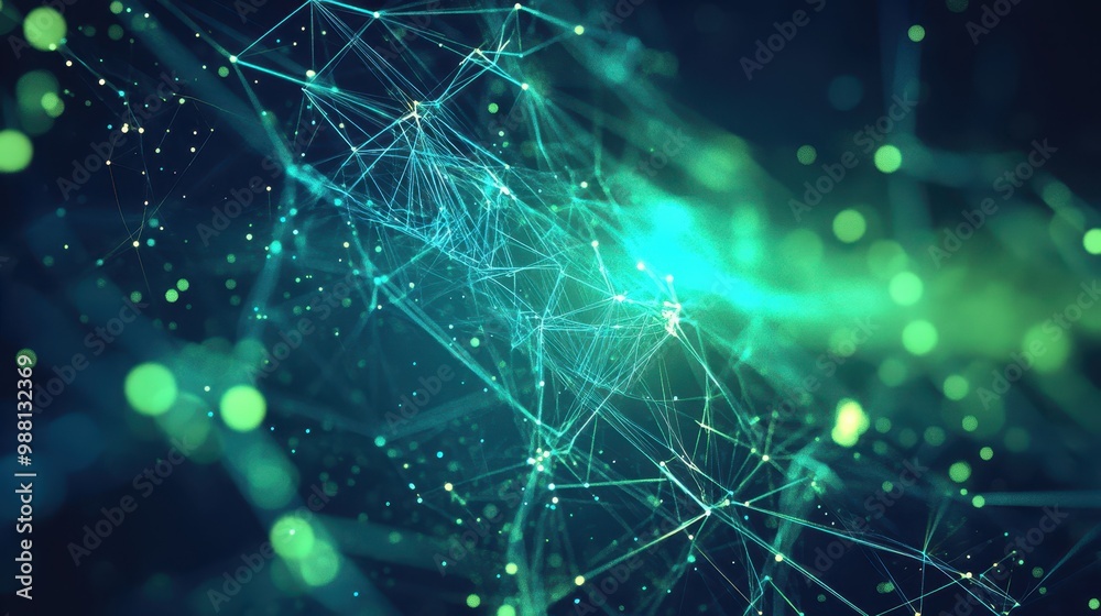 Abstract Digital Network with Green Bokeh Background - Futuristic Technology Concept.