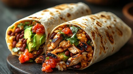 Wall Mural - Close-up of a burrito cut open, showing colorful layers of rice, beans, grilled chicken, salsa, and creamy avocado, wrapped in a warm tortilla.