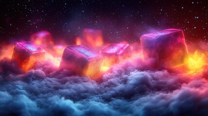 Poster - Glowing Crystal Cubes in a Colorful Cloud of Smoke