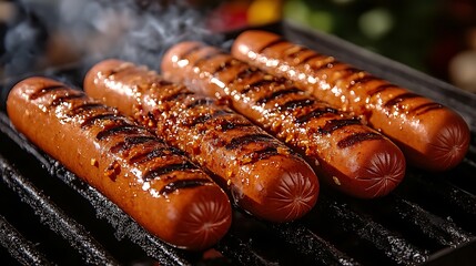 Close-up of hot dogs grilling with clear, crispy grill marks, smoke rising as they cook. The hot dogs glisten with juices, with a softly blurred picnic scene in the background, adding a warm,