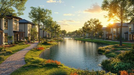 Poster - Modern Homes with Winding Pathway  Pond   Sunset