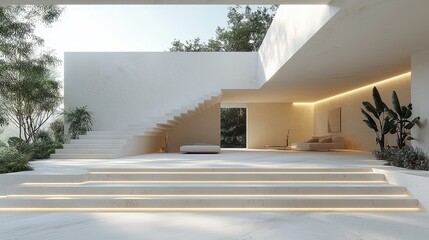 Sticker - Modern Minimalist White Architecture with Curved Staircase and LED Lighting