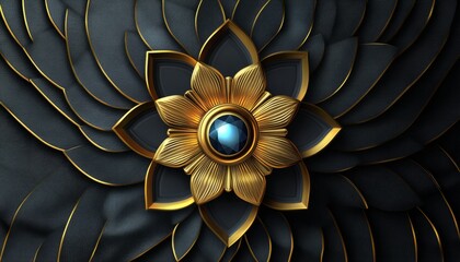 Wall Mural - A Golden Flower with a Blue Gemstone Center Adorned on a Black Textured Background