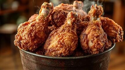 Overflowing bucket of hot, crispy fried chicken, golden-brown with crunchy skin, steam rising. The background is blurred with a warm kitchen scene,