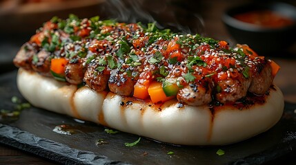 Steaming pork belly bao buns with sweet chili sauce, sesame seeds, and chopped cilantro.