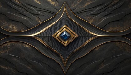 Wall Mural - Black and Gold Abstract with Blue Gemstone