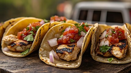 Wall Mural - Street tacos packed with grilled chicken, onions, cilantro, and salsa, served from a trendy food truck in an urban setting. The tacos are fresh and colorful,