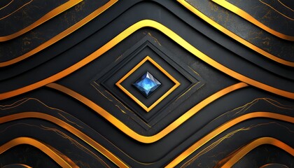 Wall Mural - Black and Gold Geometric Abstract with Blue Diamond