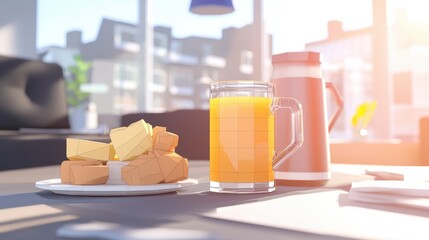 Poster - Breakfast Table Still Life with Orange Juice and Biscuits in Sunlit Room