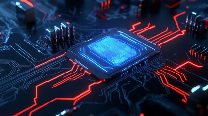 Wall Mural - A futuristic digital interface with a glowing blue processor on a circuit board. The image symbolizes technology, innovation, data processing, artificial intelligence, and the future.