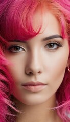 Wall Mural - pink person hair vibrant portrait close  closeup portrait person vibrant colourful hair individuality unique style fashion beauty trend youth creativity expression confidence head shot face pink bold