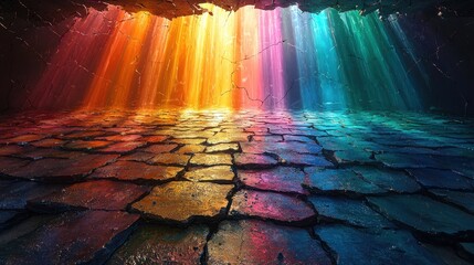 Sticker - Rainbow Light Through Cracked Ceiling on Stone Floor