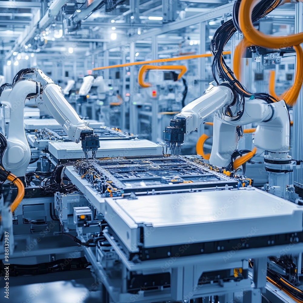 Industrial Robot Arms Assemble Lithium-Ion EV Battery Pack. Row of ...
