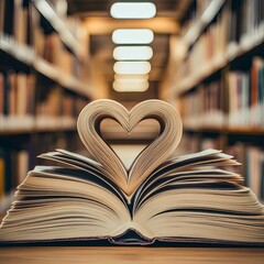 Love story book with open page of literature in heart shape and stack piles of textbooks on reading desk in library, school study room for national library lovers month and education learning concept