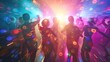 © kimly - people in retro disco attire dancing energetically under a dazzling light show, evoking the fun and excitement of a disco night.