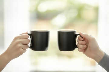 Asian Couple hand toasting coffee cup while having breakfast and drinking coffee together in the morning